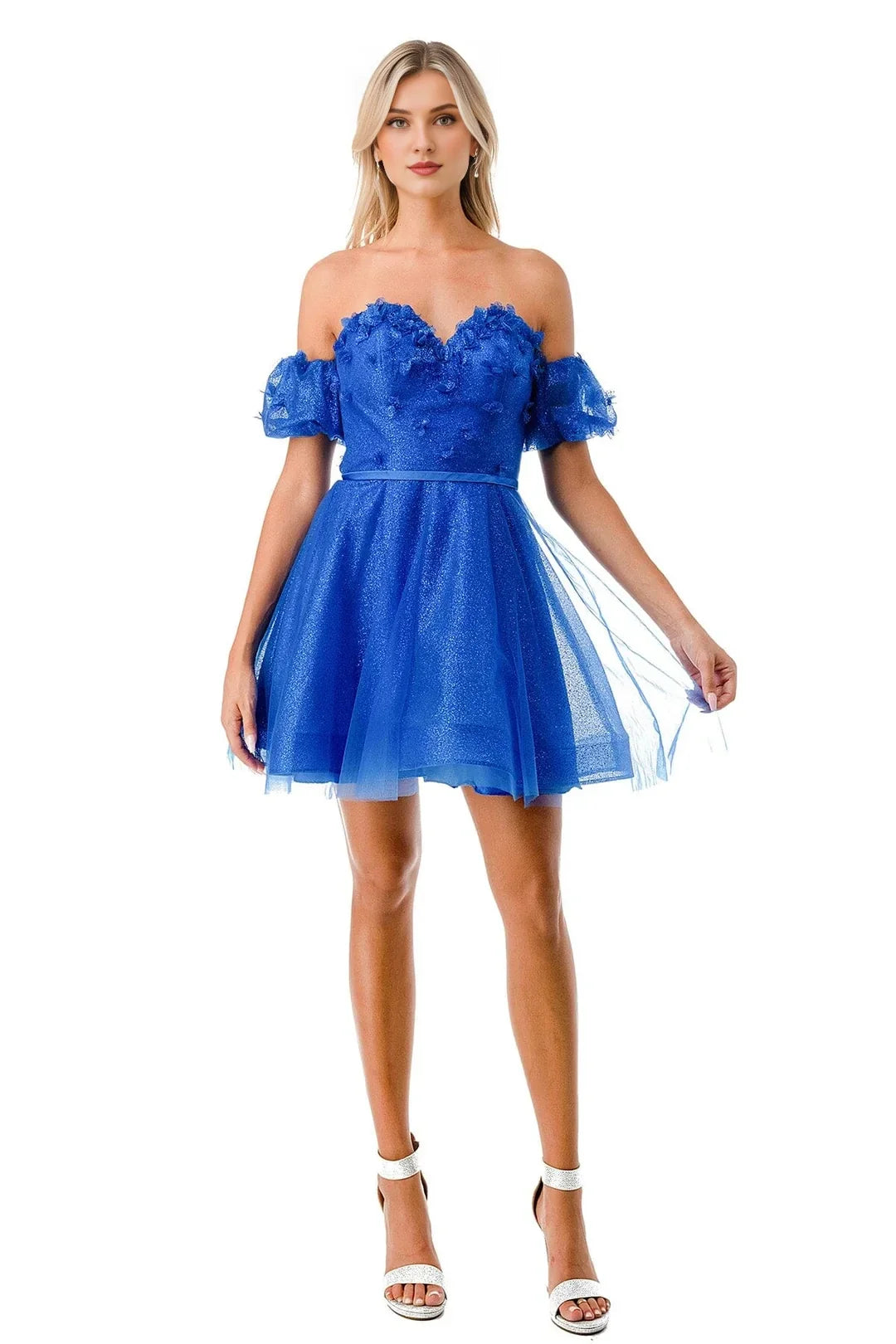 Off shoulder neck 3D floral decal sleeveless strapless short/mini homecoming dress