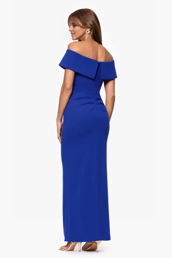 Off shoulder neckline sleeveless pleats details backless side slit and floor length mother of the bride dress
