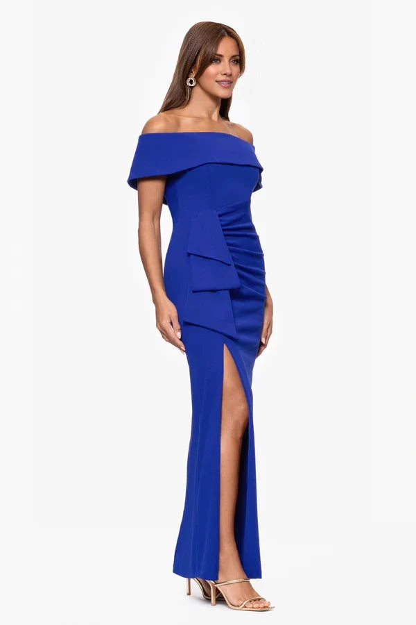 Off shoulder neckline sleeveless pleats details backless side slit and floor length mother of the bride dress