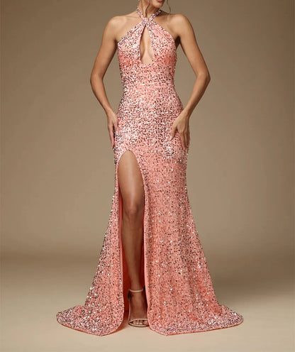 Sequin slit tight fitting/column hanging neck and floor length formal prom dress