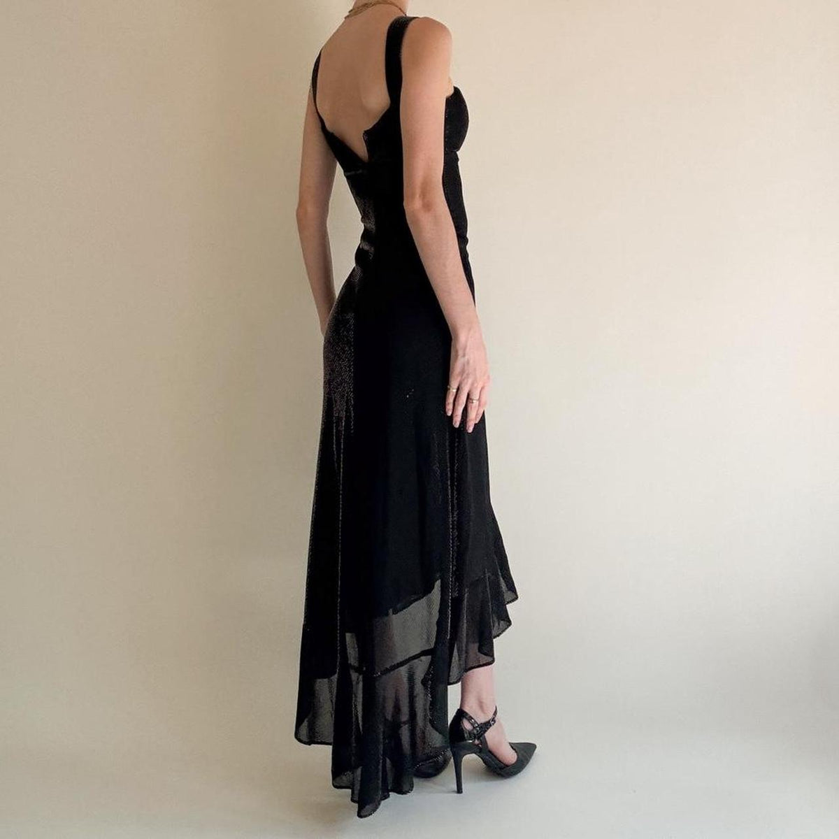 girlhomeshops--Black Ruffled Long Chiffon Prom Dress Graduation Dress gh5646