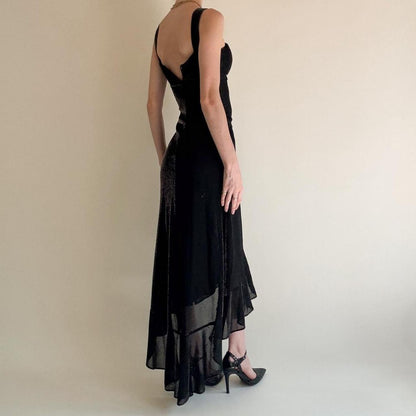 girlhomeshops--Black Ruffled Long Chiffon Prom Dress Graduation Dress gh5646