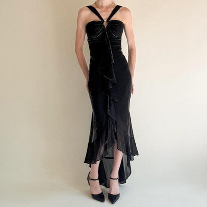 girlhomeshops--Black Ruffled Long Chiffon Prom Dress Graduation Dress gh5646