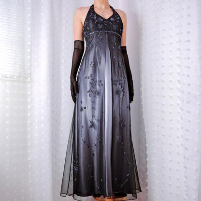 Black and gray retro fashion gradient color beaded floral halter neck gothic elegant long Tulle prom dress evening dress party dress gh3665