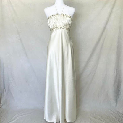 Stunning Vintage Fashion Elegant Gold Delicate Floral Beading Spaghetti Strap Long Satin Women's Ball Gown Evening Dress Party Dress Prom Dress Fairy Dress gh4183