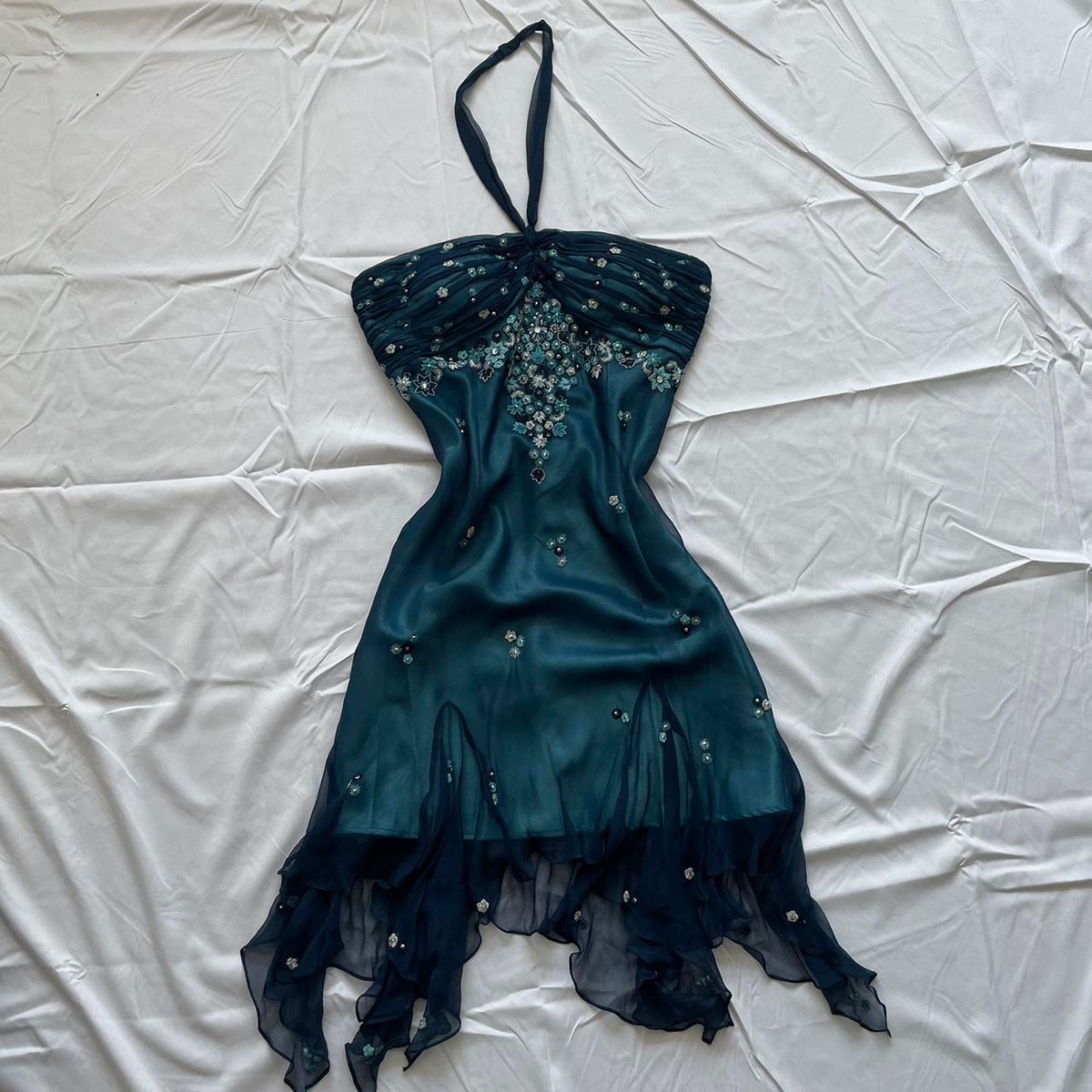 Girlhomeshops-Blue floral beaded short halter chiffon homecoming dress birthday party dress gh5263