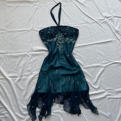 Girlhomeshops-Blue floral beaded short halter chiffon homecoming dress birthday party dress gh5263