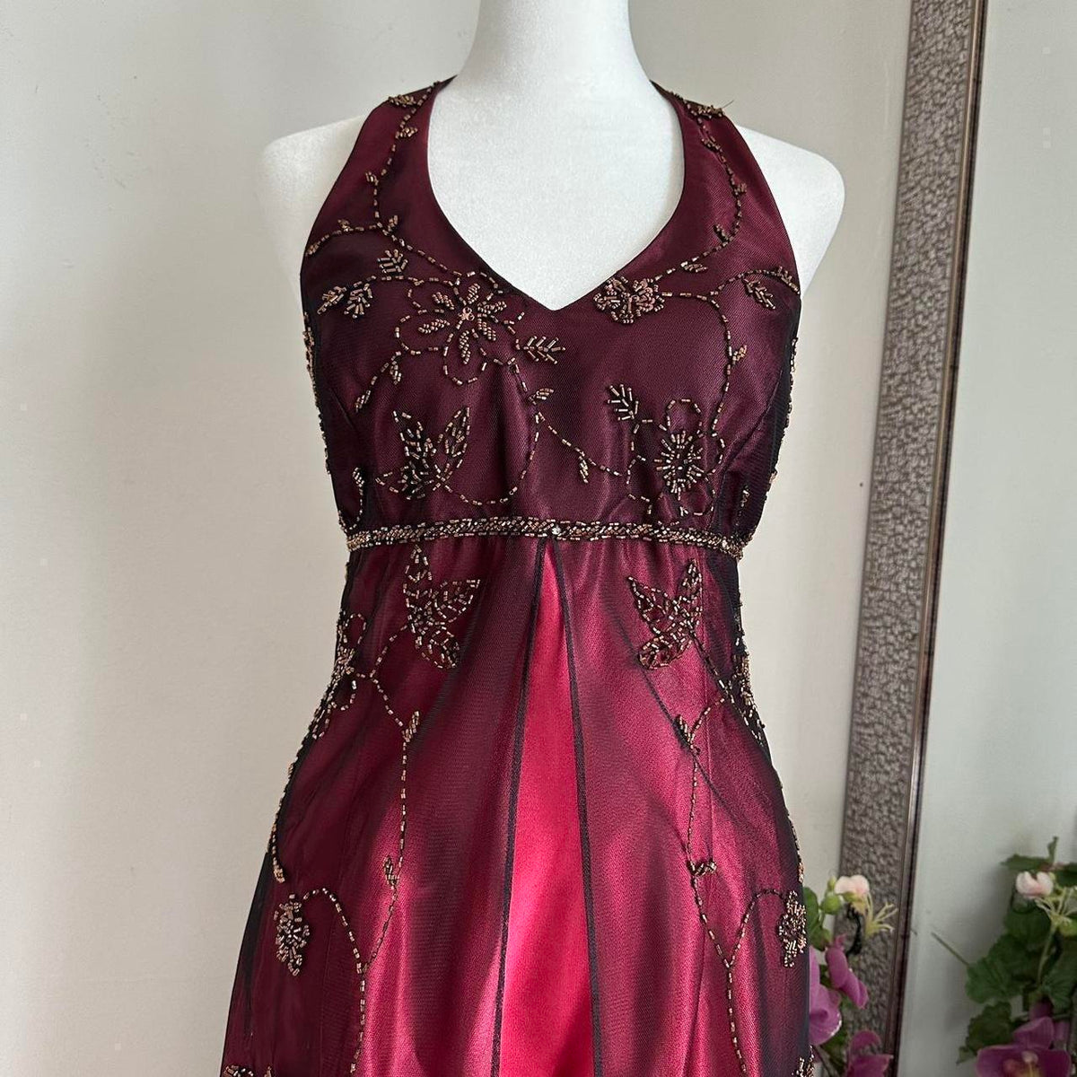 Burgundy Gorgeous Exquisite Beading Elegant Strap Long Satin Tulle Ball Gown Evening Dress Party Dress gh3439