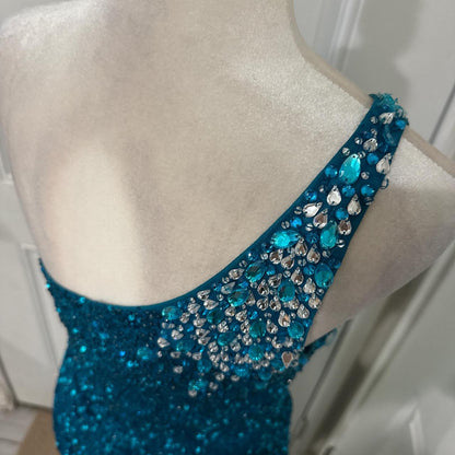 Peacock Blue Shiny Elegant Long Sequined Ball Gown Evening Dress Party Dress gh4567