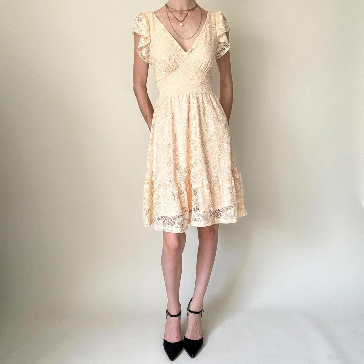 Cream/Yellow Homecoming Dress Lace Baby Doll Dress Ruffle Flowing Open Back Summer gh4595