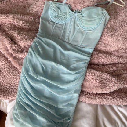 Vintage Light Blue Sweetheart Bodycon Design Spaghetti Strap Homecoming Dress TP3749