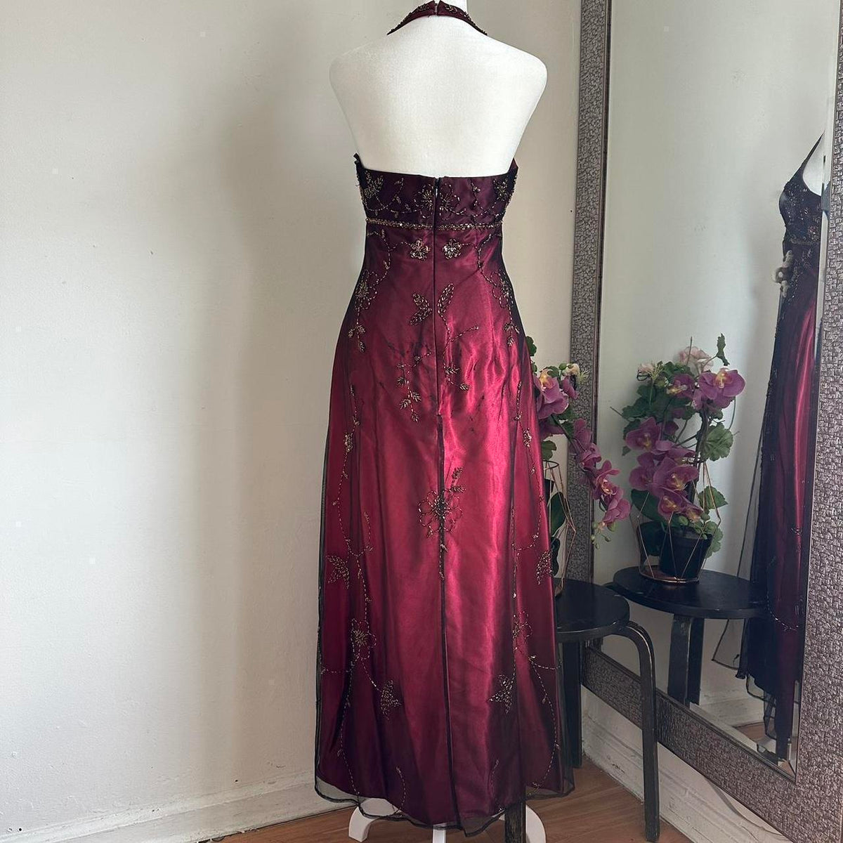 Burgundy Gorgeous Exquisite Beading Elegant Strap Long Satin Tulle Ball Gown Evening Dress Party Dress gh3439