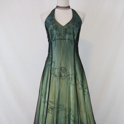 Green Vintage Ombre Floral Beaded Empire Waist Halter Long Chiffon Tulle prom dress Evening Gown Party Dress gh3606