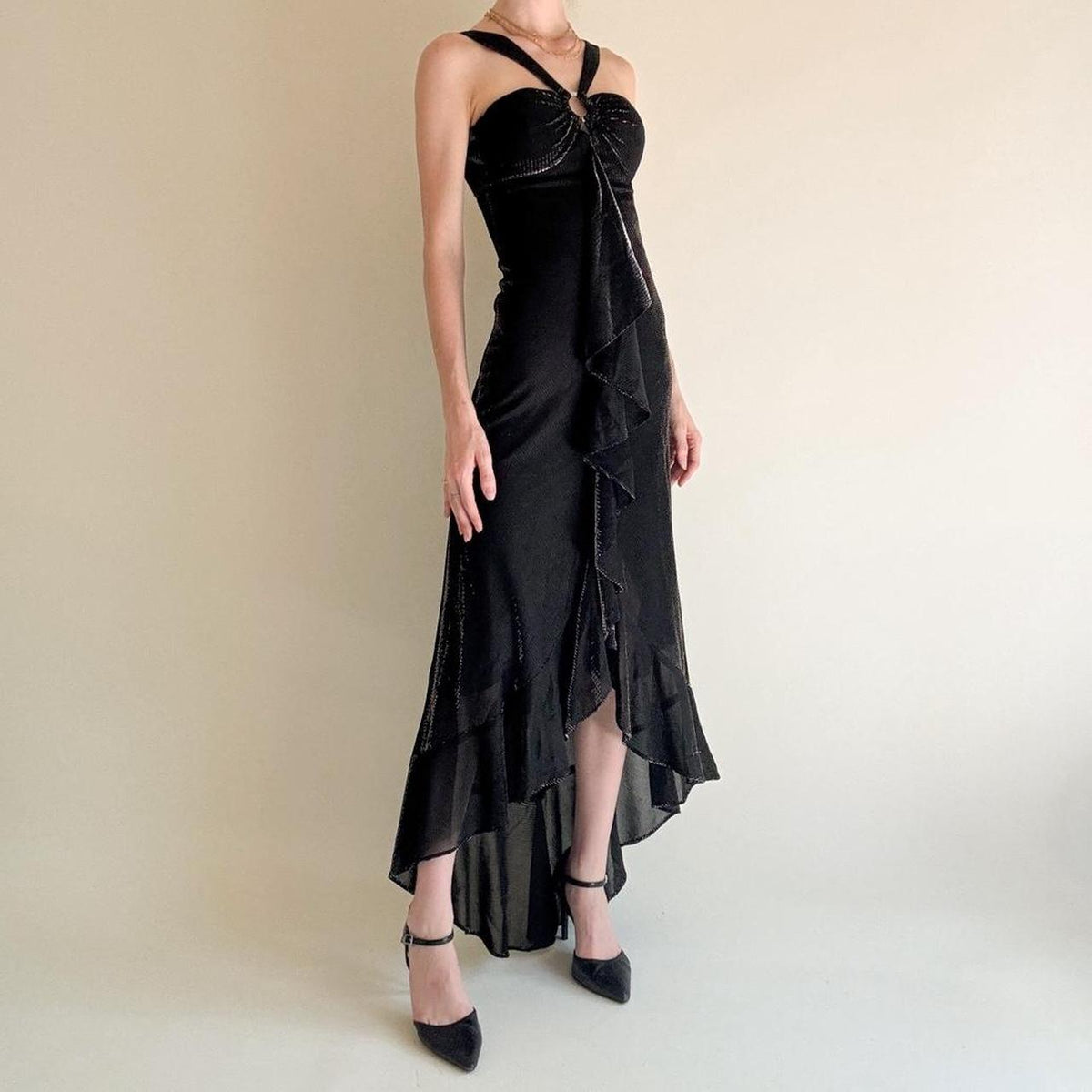 girlhomeshops--Black Ruffled Long Chiffon Prom Dress Graduation Dress gh5646