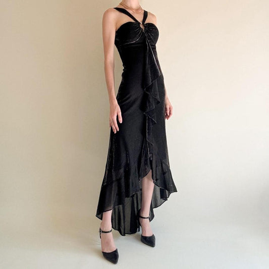 girlhomeshops--Black Ruffled Long Chiffon Prom Dress Graduation Dress gh5646