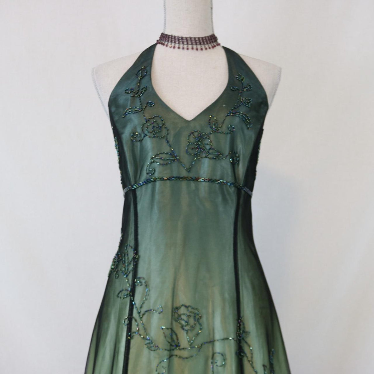 Green Vintage Ombre Floral Beaded Empire Waist Halter Long Chiffon Tulle prom dress Evening Gown Party Dress gh3606