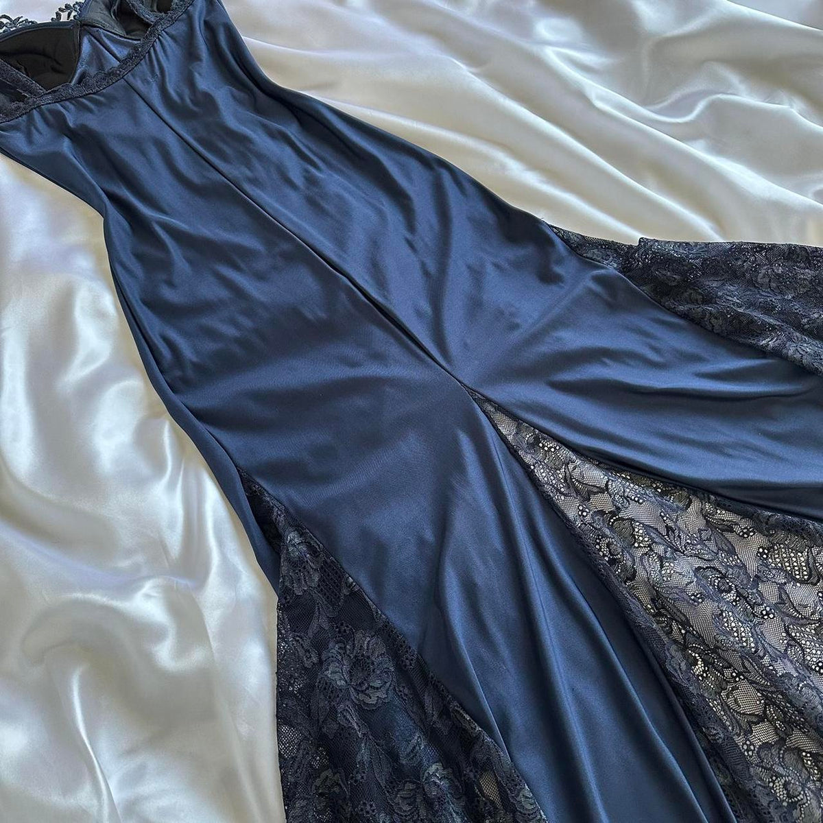 Blue gorgeous exquisite applique lace spaghetti straps long satin prom dress evening dress party dress gh3335