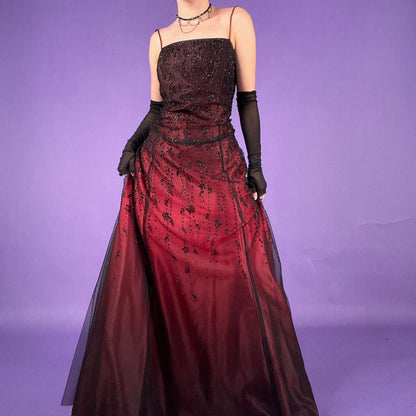 Burgundy Gorgeous Delicate Beads Elegant Sweet Spaghetti Straps Long Satin Tulle Ball Gown Evening Gown Birthday Party Gown Graduation Gown Prom Gown gh3953