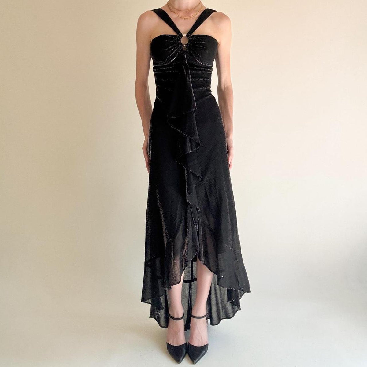 girlhomeshops--Black Ruffled Long Chiffon Prom Dress Graduation Dress gh5646
