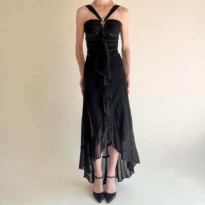 girlhomeshops--Black Ruffled Long Chiffon Prom Dress Graduation Dress gh5646