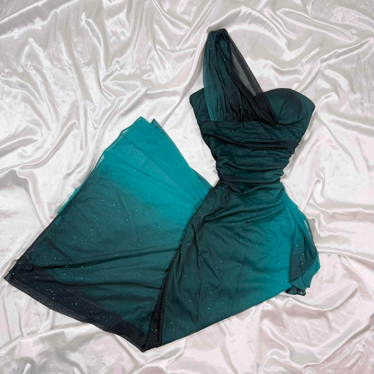 Teal Glitter Fashion Gradient Sweet Elegant Long One Shoulder Chiffon Ball Gown Evening Dress Party Dress Prom Dress Fairy Dress Gothic Dress gh4180