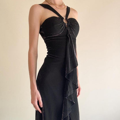 girlhomeshops--Black Ruffled Long Chiffon Prom Dress Graduation Dress gh5646