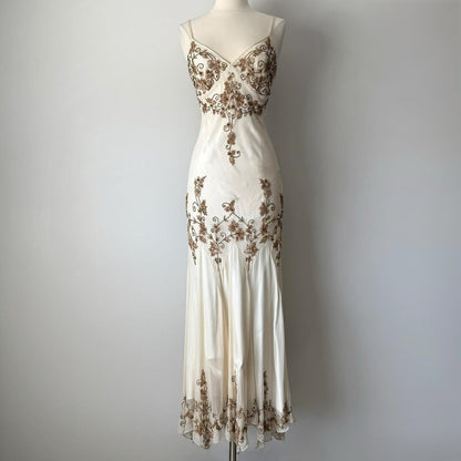 Ivory White Gorgeous Vintage Delicate Gold Brown Beaded Spaghetti Straps Fairy Long Chiffon Ball Gown Evening Gown Party Gown Wedding Guest Gown Homecoming Gown Graduation Gown Prom Gown gh3980