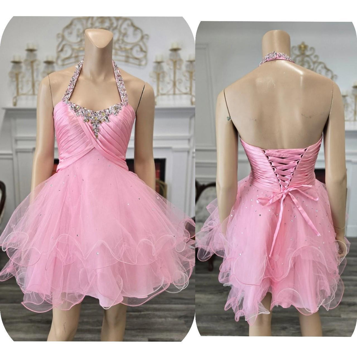 Vintage Pink Sequined Design Sleeveless Halter Homecoming Dress TP3512
