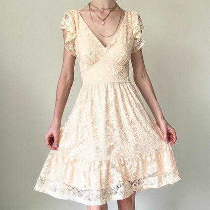 Cream/Yellow Homecoming Dress Lace Baby Doll Dress Ruffle Flowing Open Back Summer gh4595