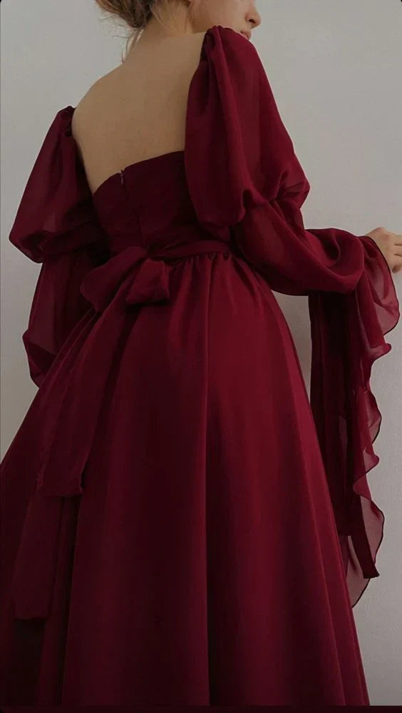 girlhomeshops-Burgundy long sleeve formal dress retro burgundy elegant square neck chiffon long ball gown 21st birthday outfit evening dress gh5749