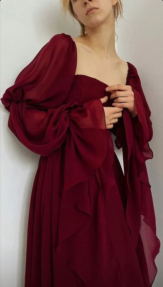 girlhomeshops-Burgundy long sleeve formal dress retro burgundy elegant square neck chiffon long ball gown 21st birthday outfit evening dress gh5749
