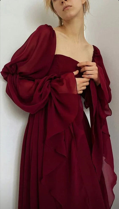 girlhomeshops-Burgundy long sleeve formal dress retro burgundy elegant square neck chiffon long ball gown 21st birthday outfit evening dress gh5749