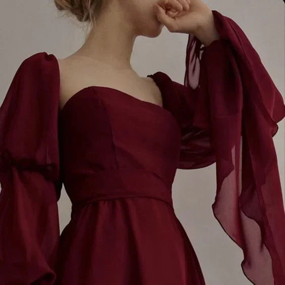 girlhomeshops-Burgundy long sleeve formal dress retro burgundy elegant square neck chiffon long ball gown 21st birthday outfit evening dress gh5749