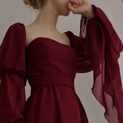 girlhomeshops-Burgundy long sleeve formal dress retro burgundy elegant square neck chiffon long ball gown 21st birthday outfit evening dress gh5749