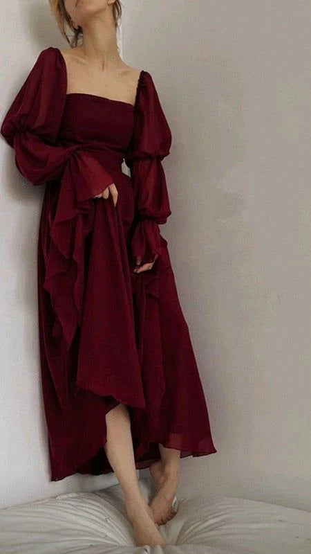 girlhomeshops-Burgundy long sleeve formal dress retro burgundy elegant square neck chiffon long ball gown 21st birthday outfit evening dress gh5749