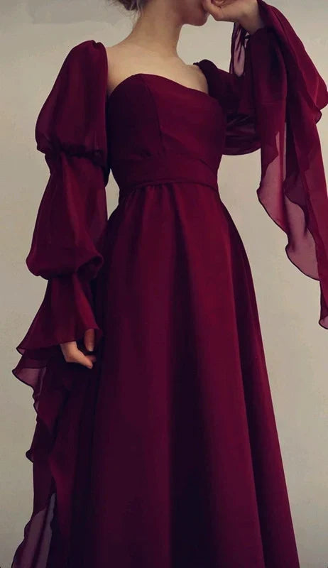 girlhomeshops-Burgundy long sleeve formal dress retro burgundy elegant square neck chiffon long ball gown 21st birthday outfit evening dress gh5749