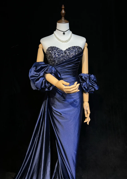 Elegant Off The Shoulder Navy Blue Satin Beaded Mermaid Long Evening Dress 18th Birthday Outfits SP1960