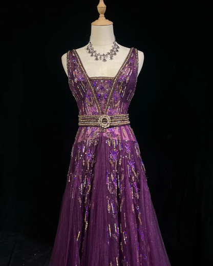 Gorgeous Purple V Neck Tulle Beaded A Line Long Evening Dress Birthday Party Gown SP1798