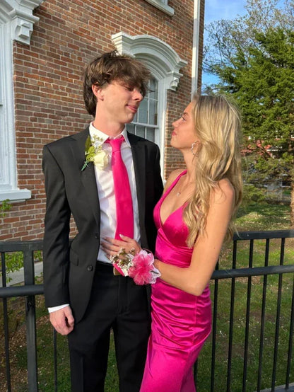 Hot Pink Sexy Fashion V Neck Mermaid Long Elegant Satin Prom Dress, Evening Dress, Birthday Costume Party Dress gh3534