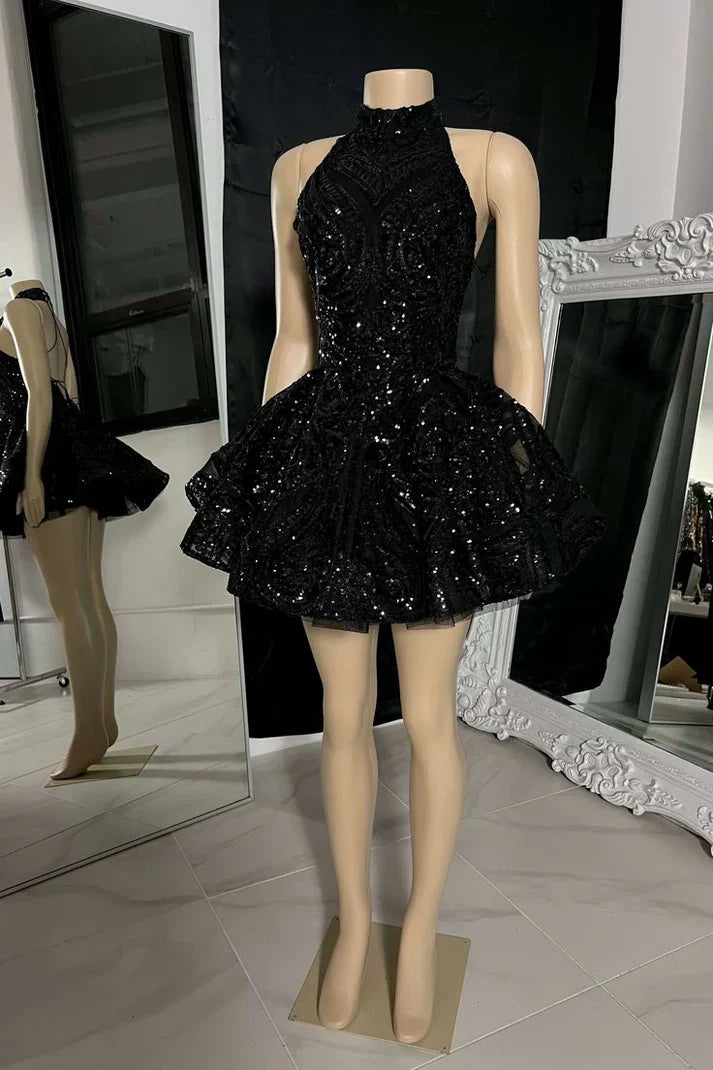 Retro Black Sparkling Sequin Halter Dress Design A-Line Tiered Party Dress Homecoming Dress TP4132