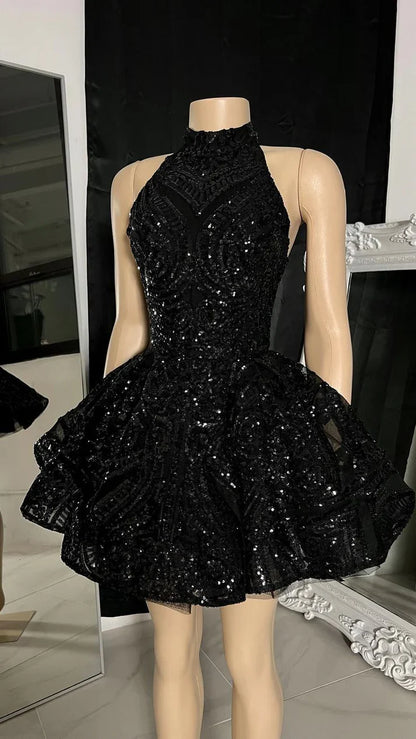 Retro Black Sparkling Sequin Halter Dress Design A-Line Tiered Party Dress Homecoming Dress TP4132