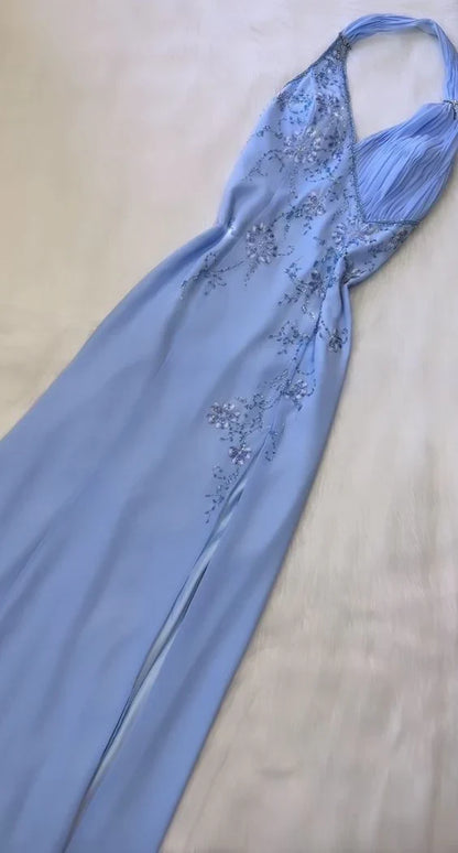 girlhomeshops--Blue Fashion Suspenders Exquisite Beading Beautiful Open Back Slit Chiffon Ball Gown Long Evening Dress gh5611
