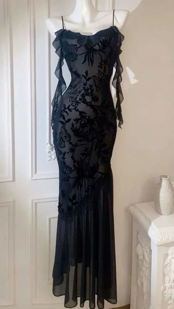 Enchanting Black Sheer Mermaid Prom Dress Floral Applique Evening Gown TP5699
