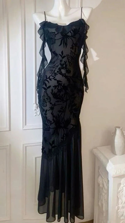 Enchanting Black Sheer Mermaid Prom Dress Floral Applique Evening Gown TP5699