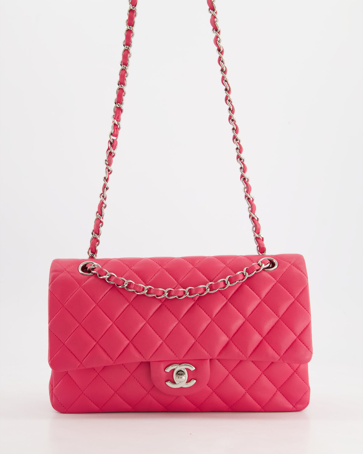 Chanel Hot Pink Medium Classic Double Flap Bag in Lambskin Leather with Silver Hardware