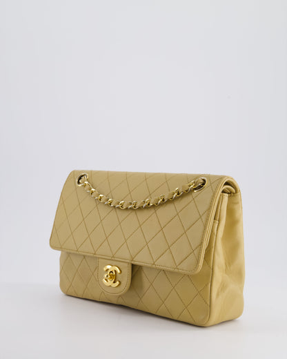 *FIRE PRICE* Chanel Vintage Chai Beige Classic Medium Stitched Edge Double Flap Bag in Lambskin Leather with 24K Gold Hardware