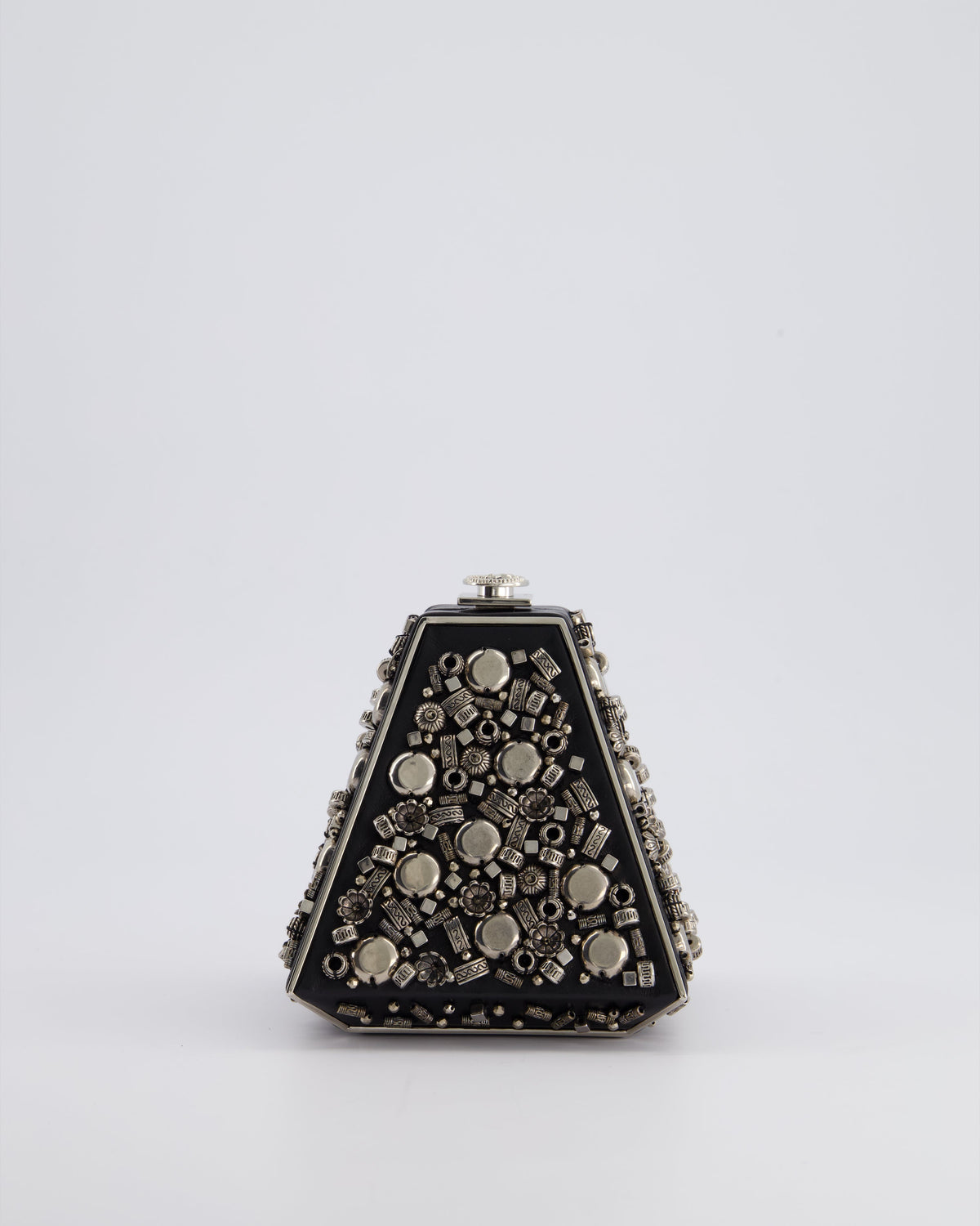 *RARE* Chanel 2012 Pre-Fall Paris-Bombay Collection Black Leather & Silver Hardware Detail Pyramid Evening Bag