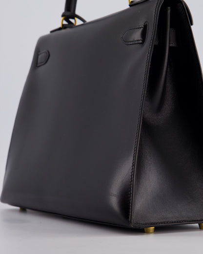 Hermès Vintage Kelly 32cm Sellier Bag in Noir Box Calf Leather with Gold Hardware