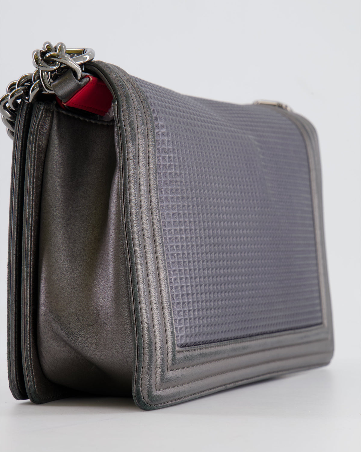 Chanel Grey Silver Medium Cube Calfskin Boy Bag with Silver, Gold and Red Hardware Hardware