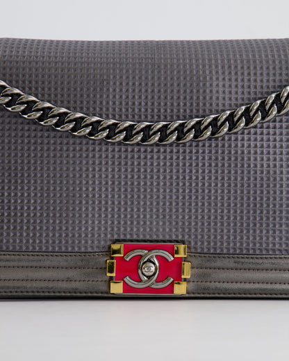 Chanel Grey Silver Medium Cube Calfskin Boy Bag with Silver, Gold and Red Hardware Hardware